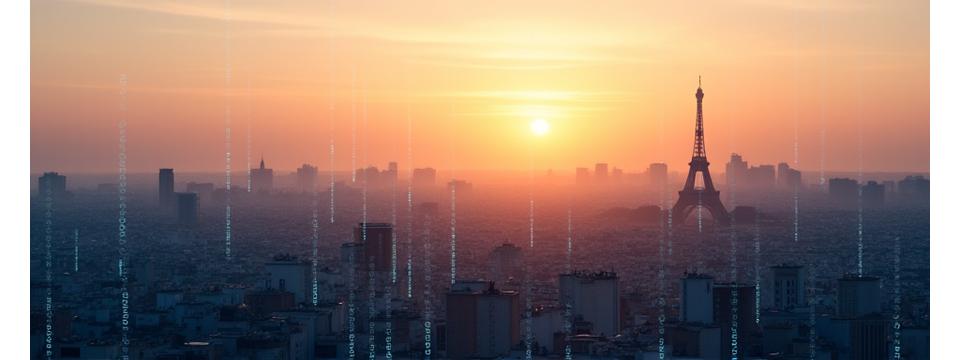 Vue panoramique des toits de Paris au lever du soleil, symbolisant l'ancrage de Santé Lumina dans la capitale française, avec le code binaire suggérant la technologie IA.
