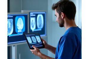Chirurgien consultant un spécialiste à distance sur une tablette dans un hôpital